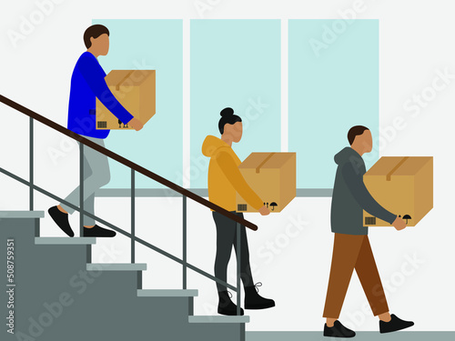 Two male characters with cardboard boxes in their hands go down the stairs