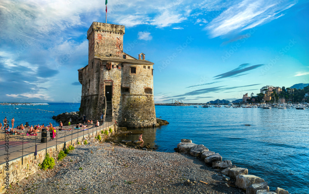 Rapal Beautiful italian coastal town Rapallo. View of medieval fortress and ...