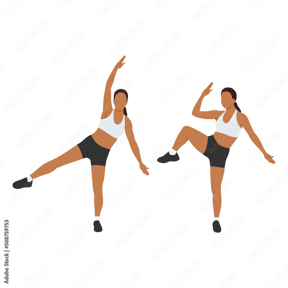 Woman doing Single leg side crunch exercise. Flat vector illustration isolated on white background Woman doing Single leg side crunch exercise. Flat vector illustration isolated on white background