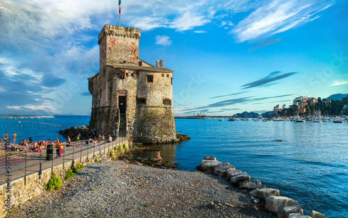Canvas Print Italy Liguria Rapallo Ancient Sea Castle Standing on Small Sandy City Beach with