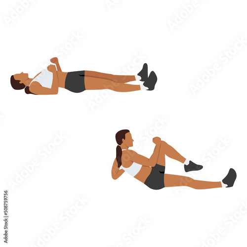 Woman doing Sprinter crunch exercise. Flat vector illustration isolated on white background