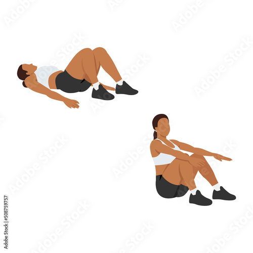 Woman doing Sit up exercise. Flat vector illustration isolated on white background