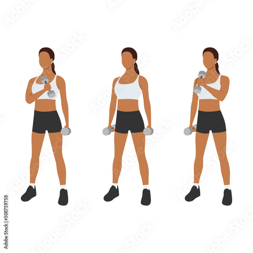 Woman doing Standing cross chest curl exercise. Flat vector illustration isolated on white background