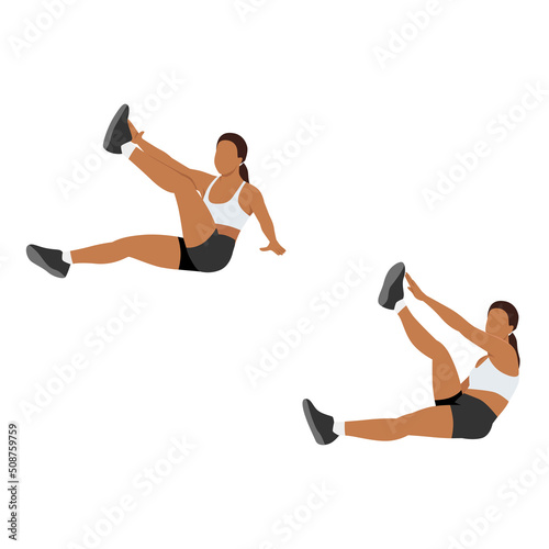 Woman doing Star toe touch sit ups exercise. Flat vector illustration isolated on white background