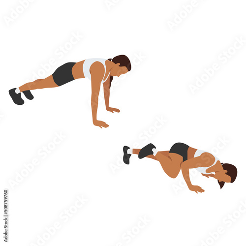 Woman doing Spider man push up exercise. Flat vector illustration isolated on white background