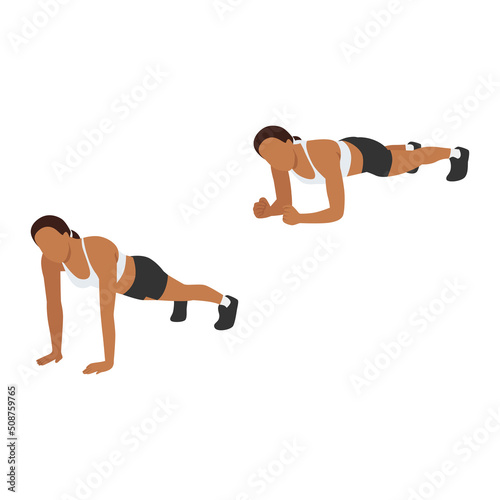 Woman doing Up down plank exercise. Flat vector illustration isolated on white background
