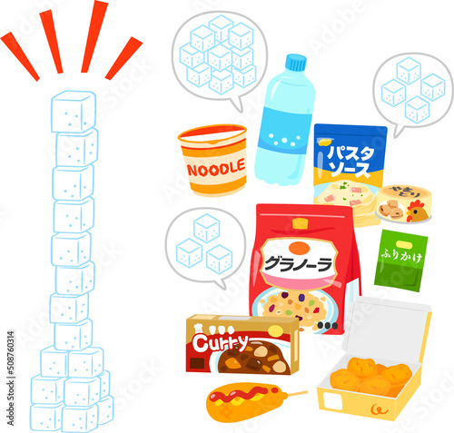 砂糖が入った加工食品と大量の角砂糖