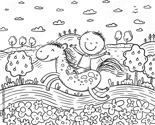 Cartoon illustration of a kid riding horse, coloring page
