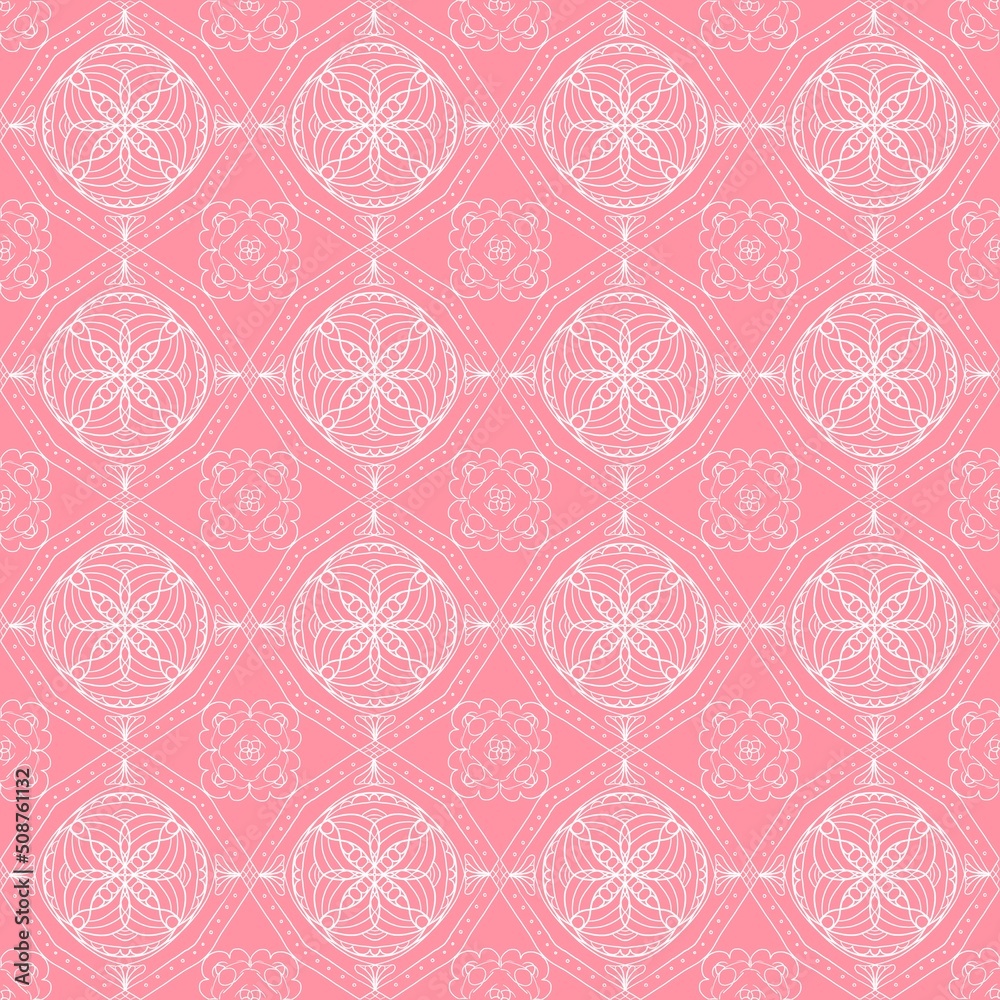 seamless white pattern on pink background. Seamless pattern with hearts and weaving. Lace, knitting,geometry, background,	