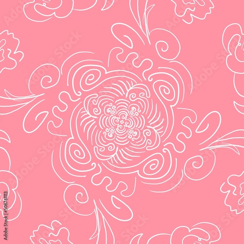 seamless white pattern on pink background. Seamless pattern with hearts and weaving. Lace, knitting,geometry, background,  © Larisa Koyashova