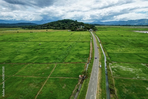 Aerial view of green paddy field at Kg. Sangkir, Kota Belud, Sabah. photo
