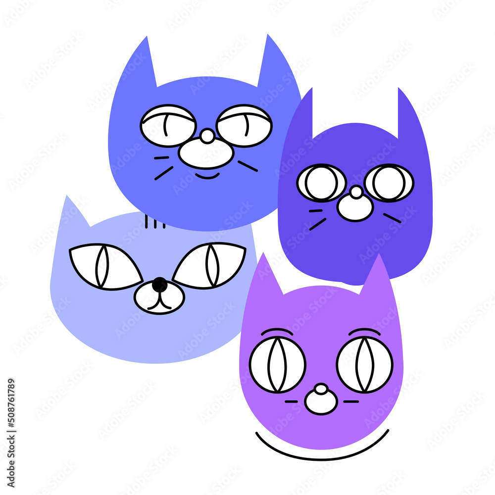 Four different heads with cat characters in vector style.