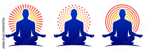 Man yoga logo vector templates. Relaxing human in a lotus zen pose with a round sun halo.