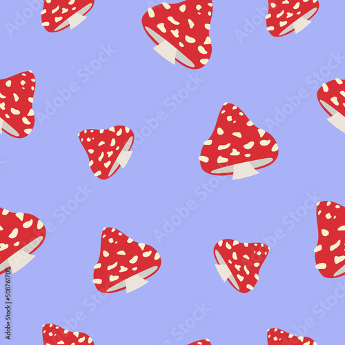 Vector seamless pattern with beautiful amanita or cute agaric on a blue background