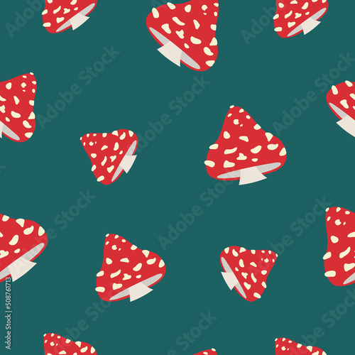 Vector seamless pattern with beautiful amanita or cute agaric on a green background