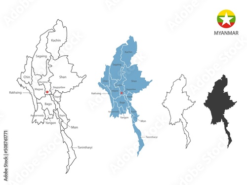 Fotobehang 4 style of Myanmar map vector illustration have all province and mark the capital city of Myanmar