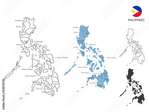 4 style of Philippines map vector illustration have all province and mark the capital city of Philippines. By thin black outline simplicity style and dark shadow style. Isolated on white background.