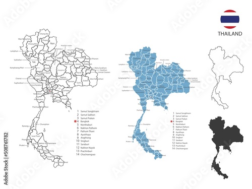 4 style of Thailand map vector illustration have all province and mark the capital city of Thailand. By thin black outline simplicity style and dark shadow style. Isolated on white background.