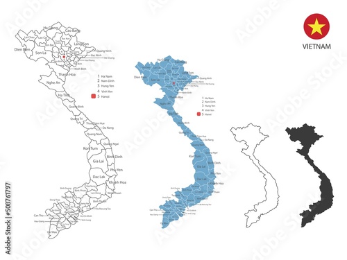4 style of Vietnam map vector illustration have all province and mark the capital city of Vietnam. By thin black outline simplicity style and dark shadow style. Isolated on white background.