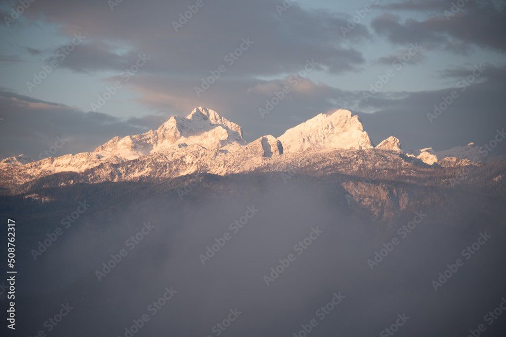 First snow in the mountains of Julian Alps in Slovenia