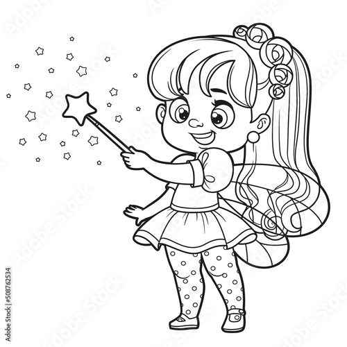 Cute cartoon little fairy conjures with a magic wand outlined for coloring on white background
