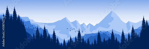 mountain landscape with tree silhouette flat design vector illustration good for wallpaper, background, backdrop, banner, and design template