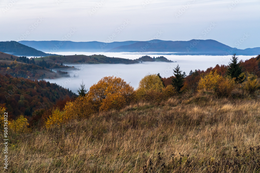 Obraz premium Foggy early morning autumn mountains scene. Peaceful picturesque traveling, seasonal, nature and countryside beauty concept scene. Carpathian Mountains, Ukraine.