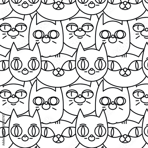 Seamless vector contour outline pattern with the image of the heads of cats. 