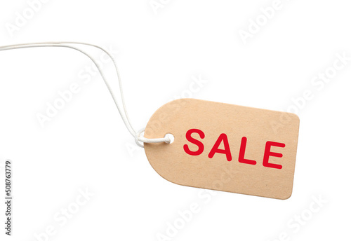 Tag with word SALE on white background