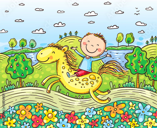 Cartoon illustration of a kid riding horse