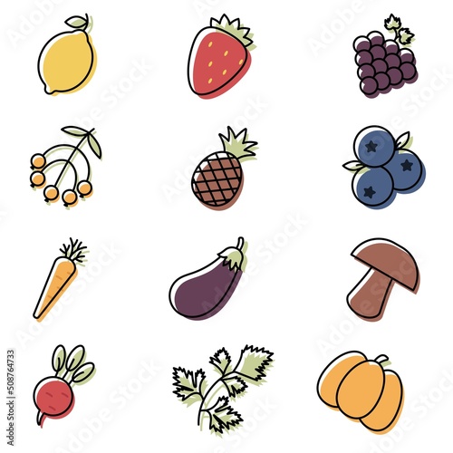 Icons of fruits and vegetables in outline or line style. Icons set for any web and app project.