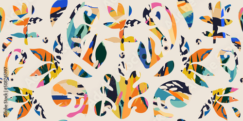 Ethnic style floral ornament. Hand drawn abstract organic shapes pattern. Collage contemporary print. Fashionable template for design. 
