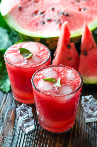 Fresh summer watermelon lemonade in glass glasses.