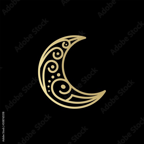 Gold Golden Crescent moon With Asian Ethnic Batik Motif Logo Design