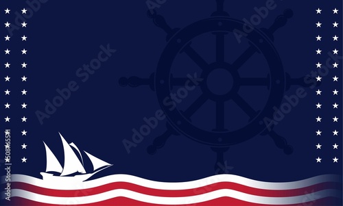 Columbus Day Background With American Flag Colors And Silhouette Of Sailing Ship And Steering Wheel. Columbus Day sale promotion, flyer, poster, banner, template etc