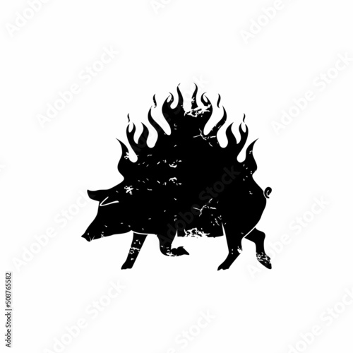 Grunge Pork Pig Boar Fire Flame Silhouette For BBQ Barbecue Logo design inspiration