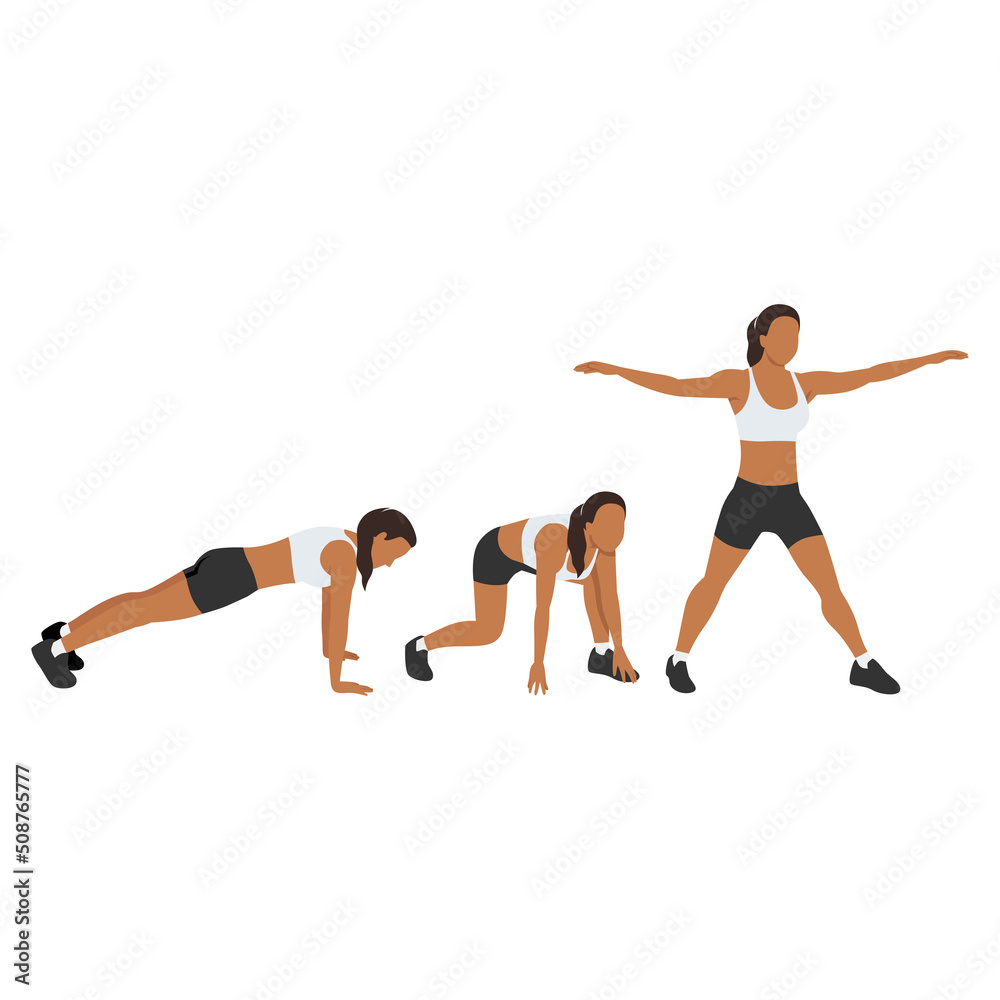 Woman doing Surfer burpees exercise. Flat vector illustration isolated on white background