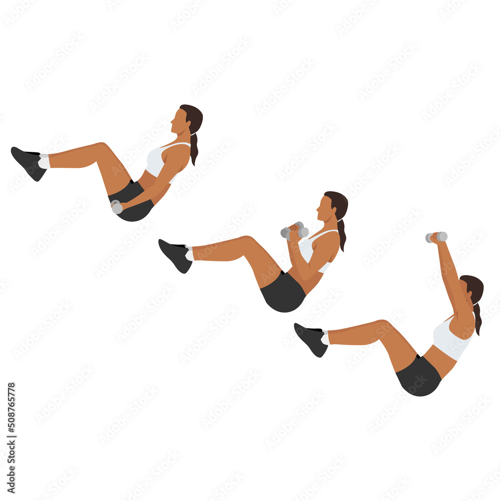 Woman doing V sit curl press exercise. Flat vector illustration isolated on white background