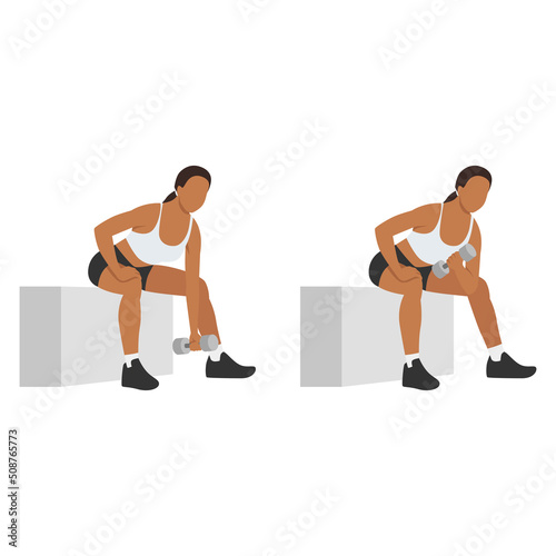 Woman doing Concentration curl exercise. Flat vector illustration isolated on white background