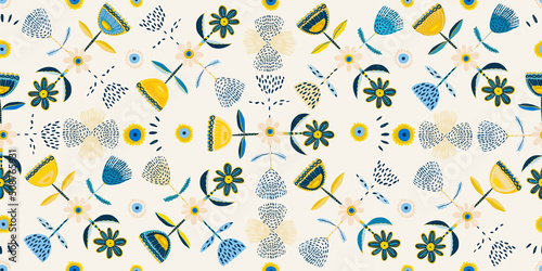 Ukrainian style floral abstract  ornament pattern. Collage contemporary hand drawn print.