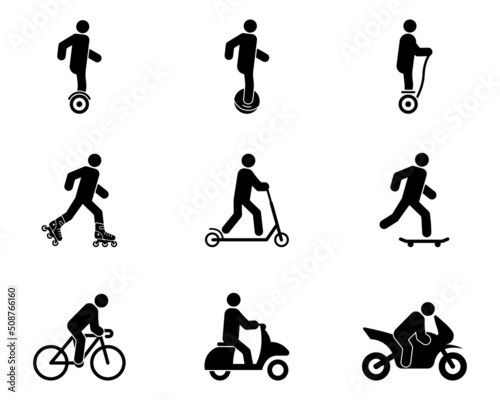 Electric Urban Transport Rent Black Silhouette Icon Set. Man Gyroscooter Bike Roller Skate Board Kick Scooter Unicycle Glyph Pictogram. Eco Device Transportation Symbol. Isolated Vector Illustration
