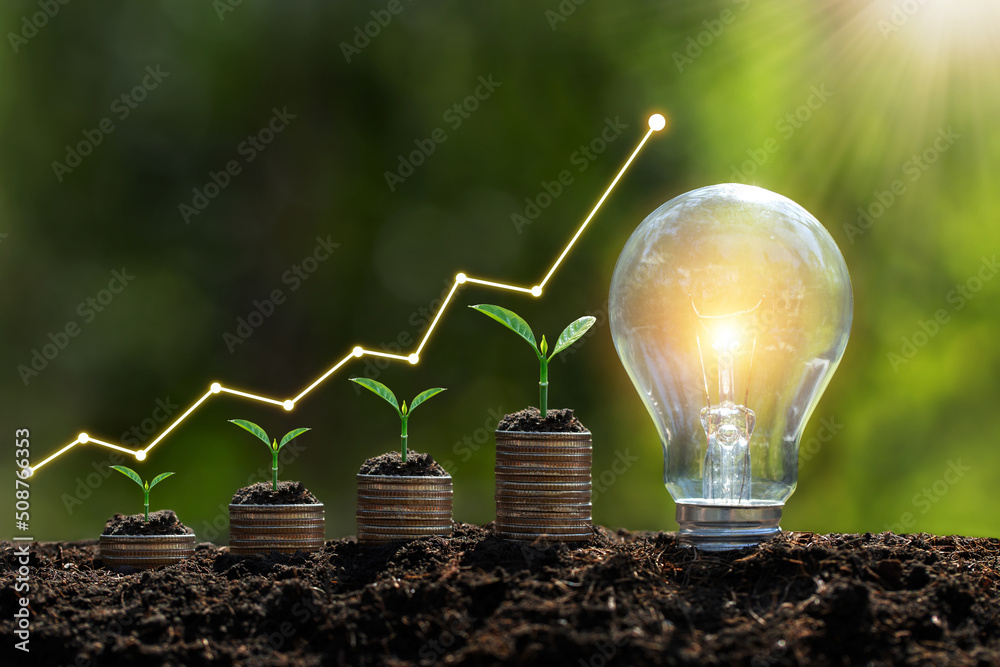 Obraz The light bulb is located on the soil. and plants grow on stacked coins Renewable energy generation is essential for the future and Renewable energy-based green businesses can enable business growth. fototapeta, plakat