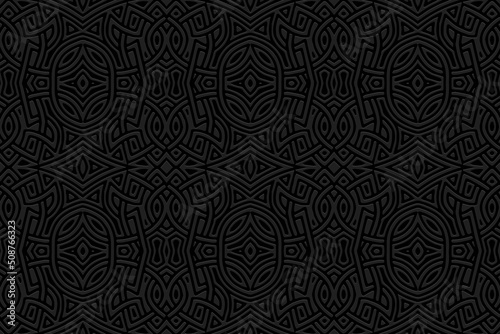 Embossed vintage artistic black background, ethnic cover design. Geometric 3D pattern, arabesques. Modern texture idea in handmade style of the peoples of the East, Asia, India, Mexico, Aztecs, Peru.