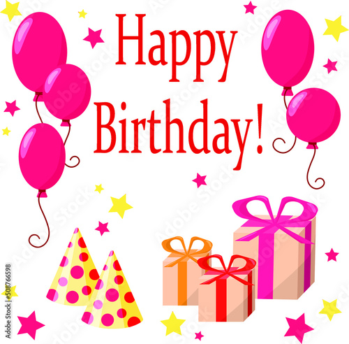 Happy Birthday! Cartoon illustration for greeting card with holiday decorations.