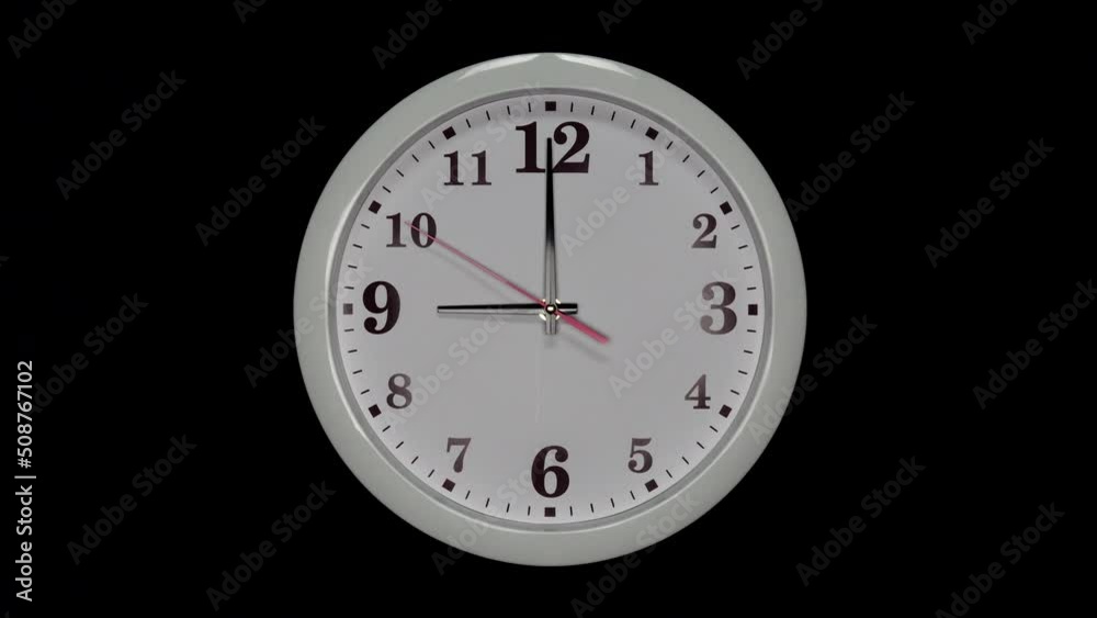 Black Arrows And Red Second Hand Of White Wall Clock. Black Background. Wall Clock Face Beginning Of Time Of 9.00 Am Or Pm. 4k. ProRes. Black Arrows And Red Second Hand Of White Wall Clock. Black Background. Wall Clock Face Beginning Of Time Of 9.00 Am Or Pm. 4k. ProRes.