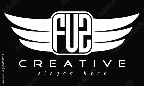 FUZ three Letter Wings Flying Initial wing symbol minimalist creative concept flag icon professional logo design Vector template