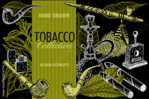 Hand drawn posters with tobacco and smoking set. Cigars in sketch style. Vector illustration with pipes, guillotines, leaves of tobacco. Smoking set. Cigars, hookah, tobacco leaves, pipes, hookah