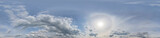 Sky panorama on sunset with Cumulus clouds in Seamless spherical equirectangular format as full zenith for use in 3D graphics, game and in aerial drone 360 degree panoramas for sky replacement.	
