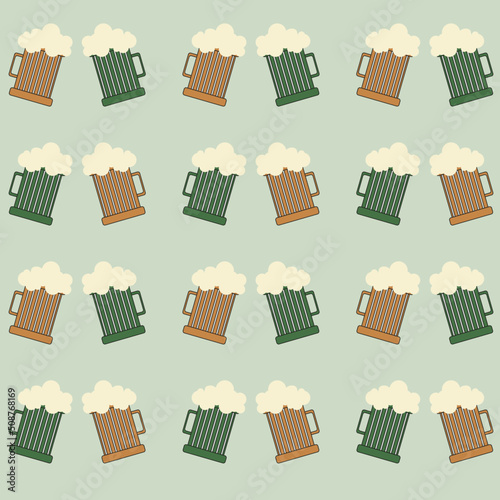 Pattern of beers toasting on green background.
