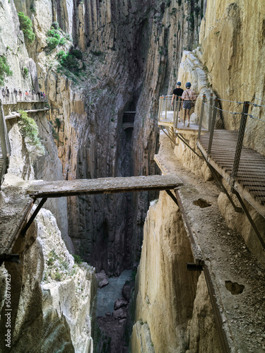 The old path in its original condition at Caminito del Rey walking trail , Kings little pathway, can be seen under the renovated path of 2015. The old path was considered as the most dangerous path